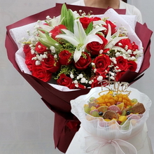 圓形水果蛋糕;紅玫瑰19枝,多頭白百合2枝...
