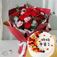 圓形水果蛋糕;9支紅色康乃馨...
